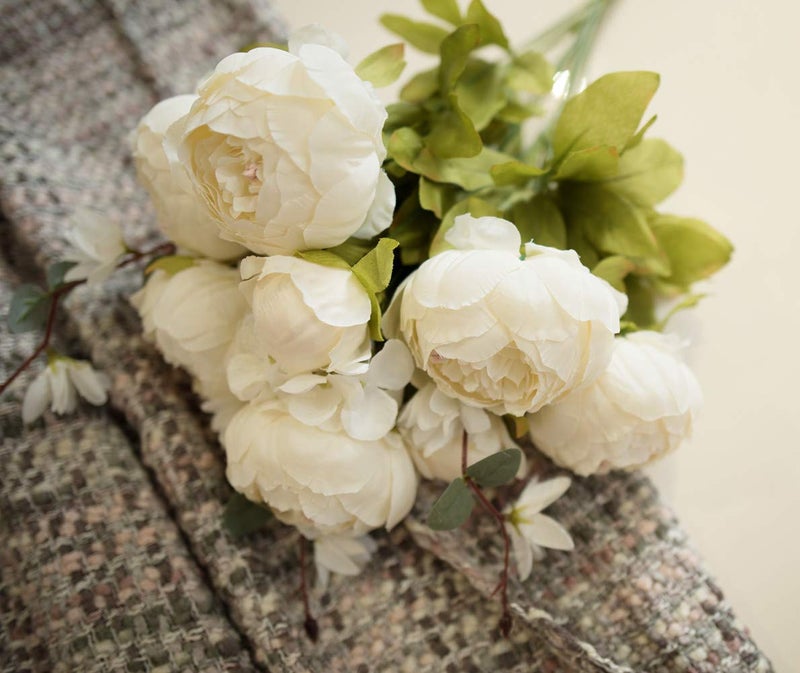Fule 2 Pack Large Artificial Peony Silk Flower Bouquets Arrangement Wedding Centerpieces (Cream White) - Image 3